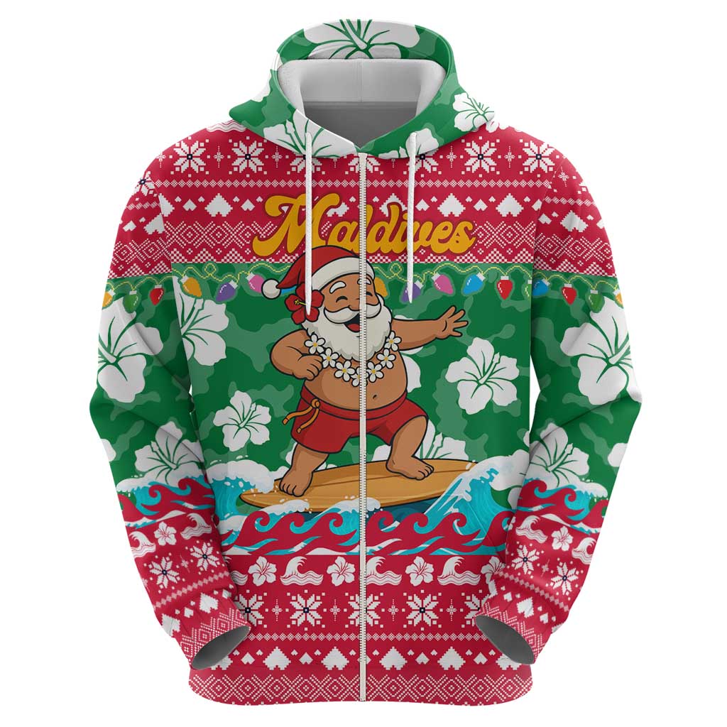 Maldives Christmas Hoodie with Surfing Santa Claus Tropical Flowers and Holiday Wave - Wonder Print Shop