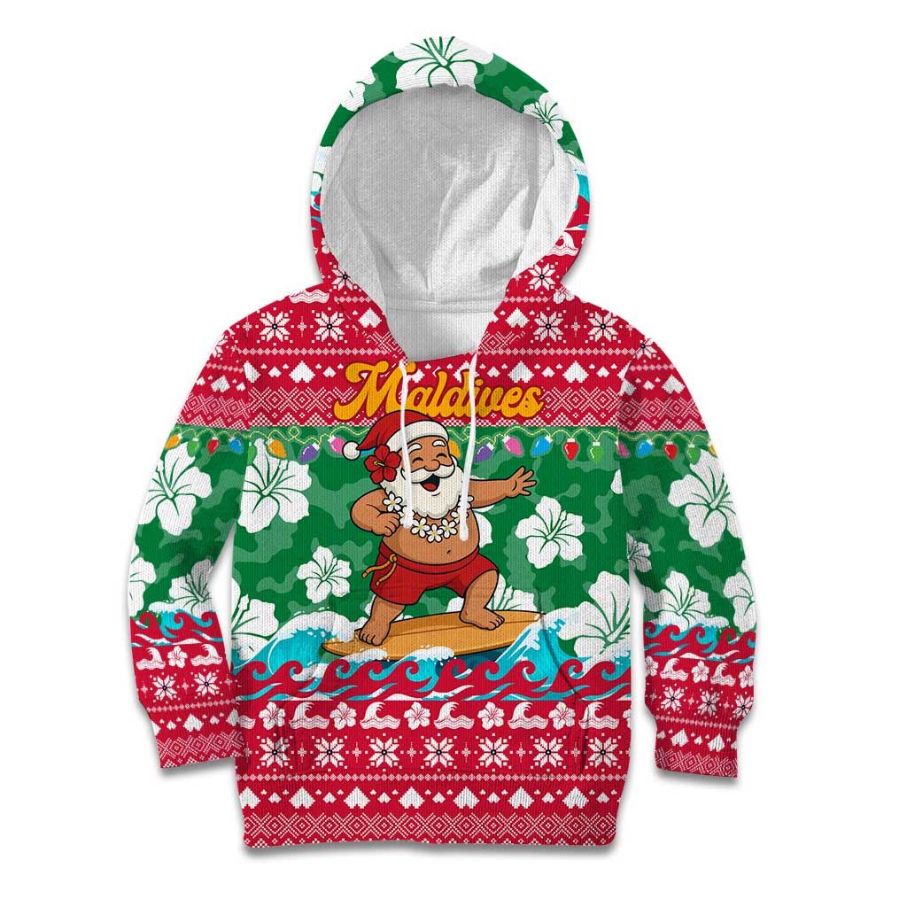 Maldives Christmas Kid Hoodie with Surfing Santa Claus Tropical Flowers and Holiday Wave - Wonder Print Shop