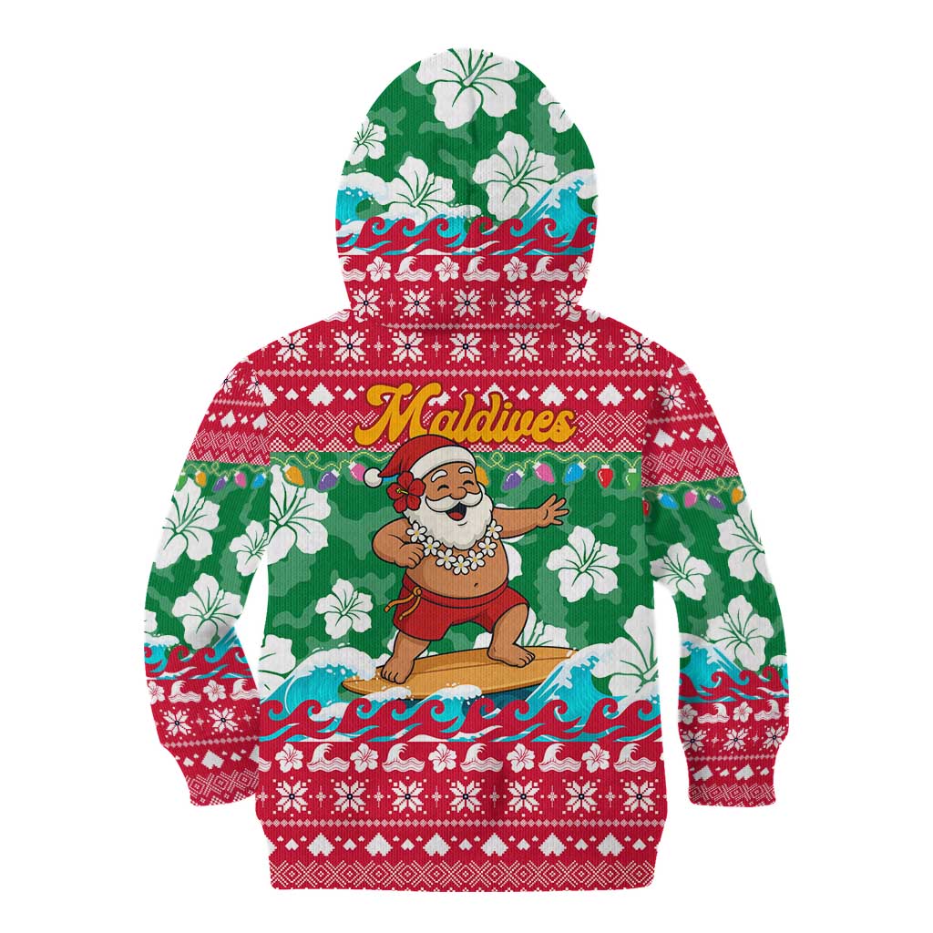Maldives Christmas Kid Hoodie with Surfing Santa Claus Tropical Flowers and Holiday Wave - Wonder Print Shop