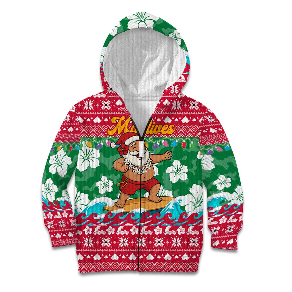 Maldives Christmas Kid Hoodie with Surfing Santa Claus Tropical Flowers and Holiday Wave - Wonder Print Shop