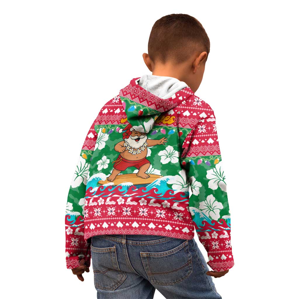 Maldives Christmas Kid Hoodie with Surfing Santa Claus Tropical Flowers and Holiday Wave - Wonder Print Shop