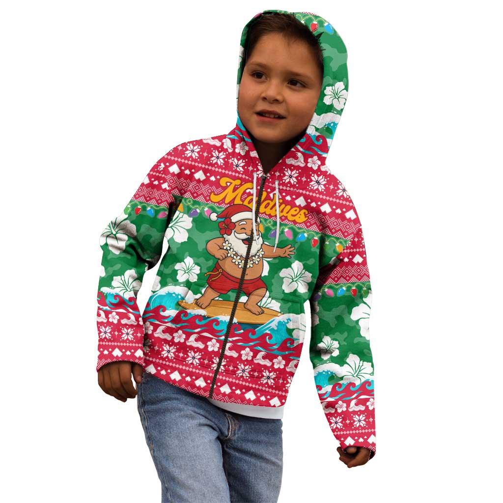 Maldives Christmas Kid Hoodie with Surfing Santa Claus Tropical Flowers and Holiday Wave - Wonder Print Shop