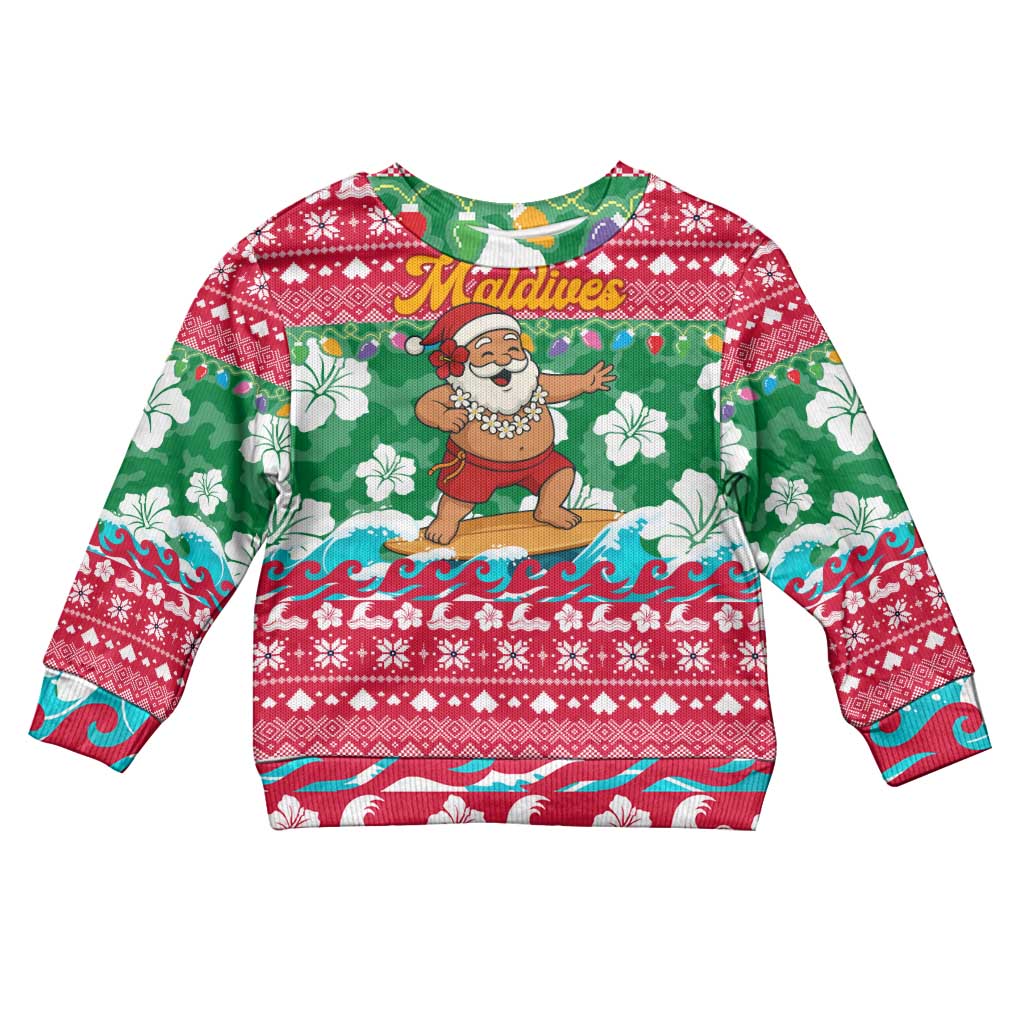 Maldives Christmas Kid Ugly Christmas Sweater with Surfing Santa Claus Tropical Flowers and Holiday Wave - Wonder Print Shop