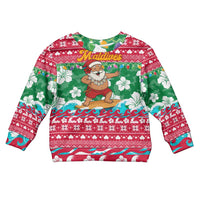 Maldives Christmas Kid Ugly Christmas Sweater with Surfing Santa Claus Tropical Flowers and Holiday Wave - Wonder Print Shop