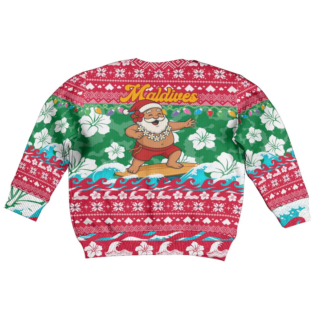 Maldives Christmas Kid Ugly Christmas Sweater with Surfing Santa Claus Tropical Flowers and Holiday Wave - Wonder Print Shop