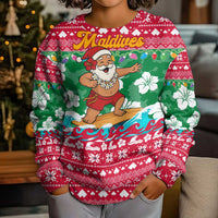 Maldives Christmas Kid Ugly Christmas Sweater with Surfing Santa Claus Tropical Flowers and Holiday Wave - Wonder Print Shop