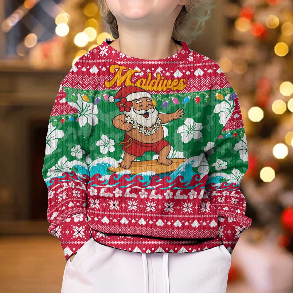 Maldives Christmas Kid Ugly Christmas Sweater with Surfing Santa Claus Tropical Flowers and Holiday Wave - Wonder Print Shop