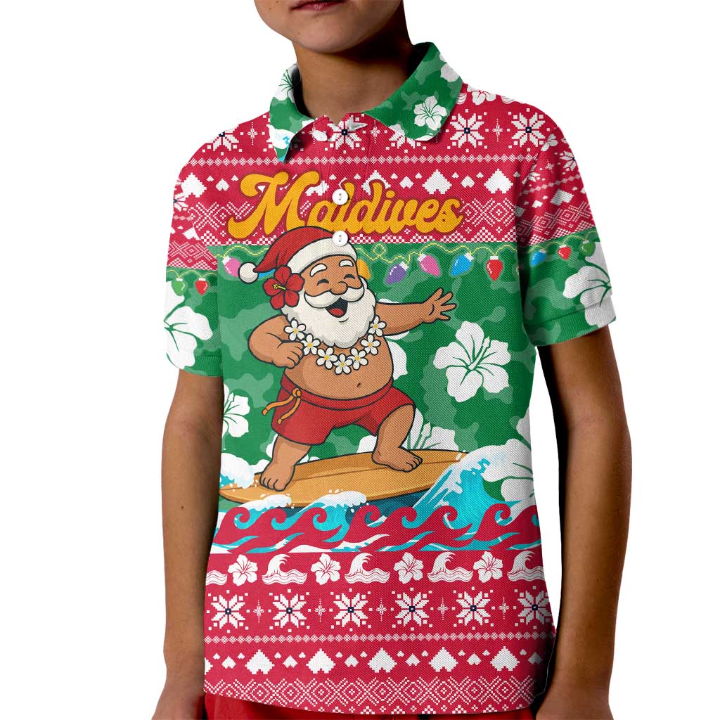 Maldives Christmas Kid Polo Shirt with Surfing Santa Claus Tropical Flowers and Holiday Wave - Wonder Print Shop