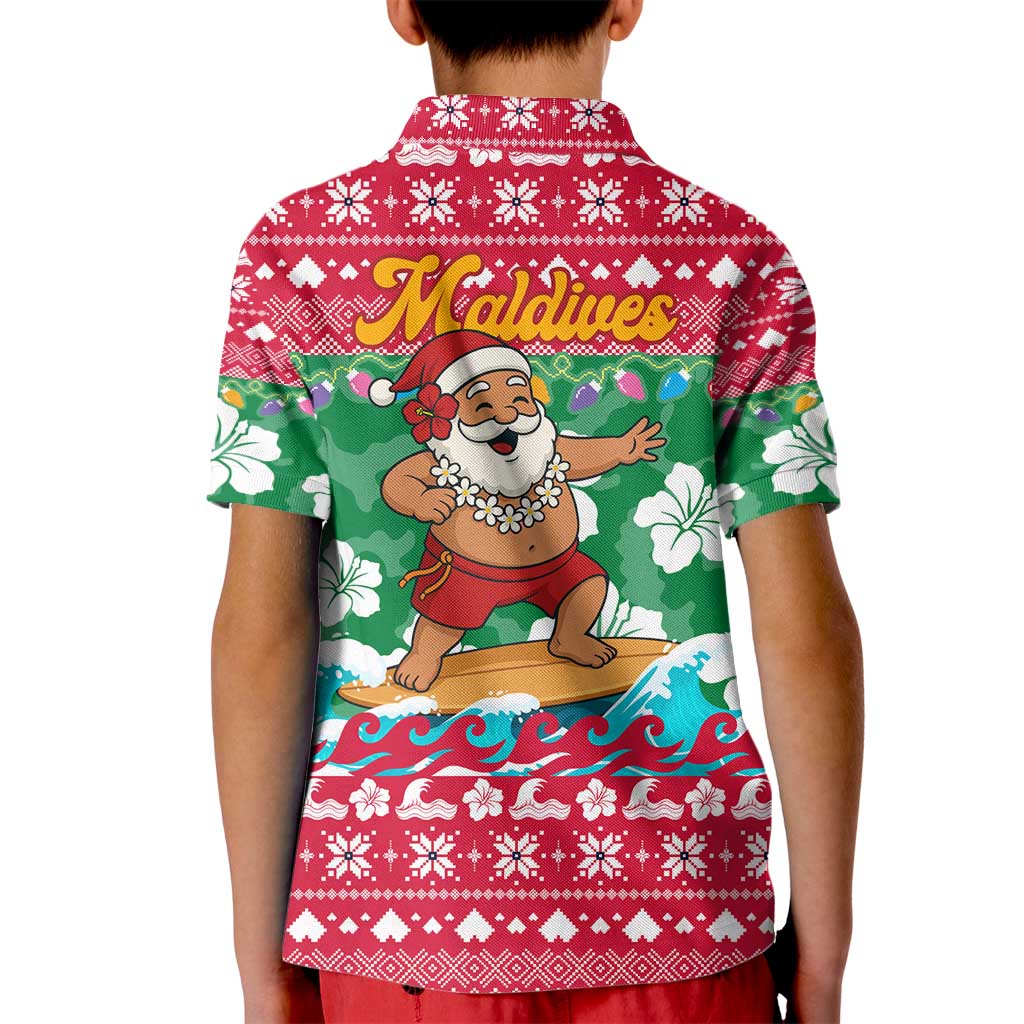 Maldives Christmas Kid Polo Shirt with Surfing Santa Claus Tropical Flowers and Holiday Wave - Wonder Print Shop