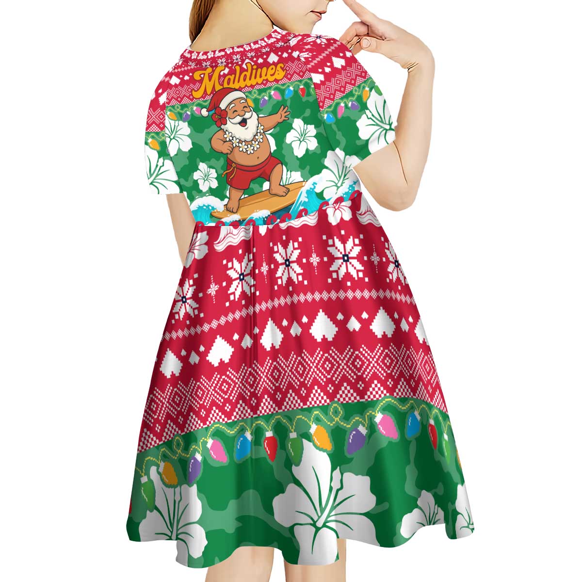 Maldives Christmas Kid Short Sleeve Dress with Surfing Santa Claus Tropical Flowers and Holiday Wave - Wonder Print Shop