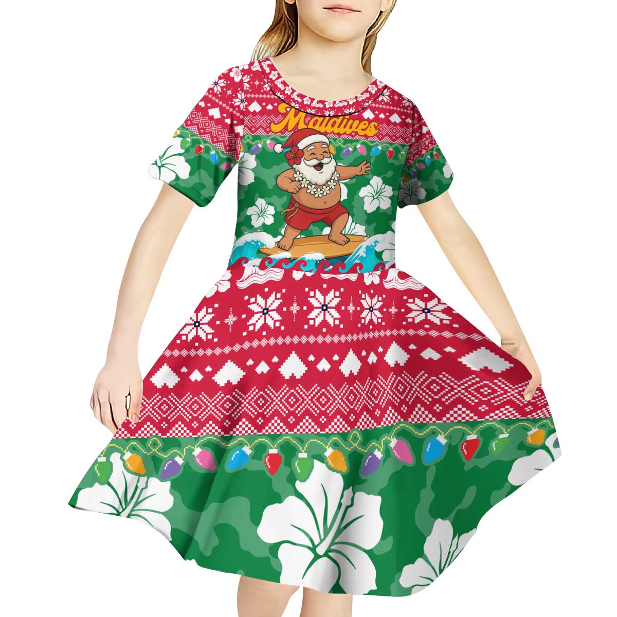 Maldives Christmas Kid Short Sleeve Dress with Surfing Santa Claus Tropical Flowers and Holiday Wave - Wonder Print Shop