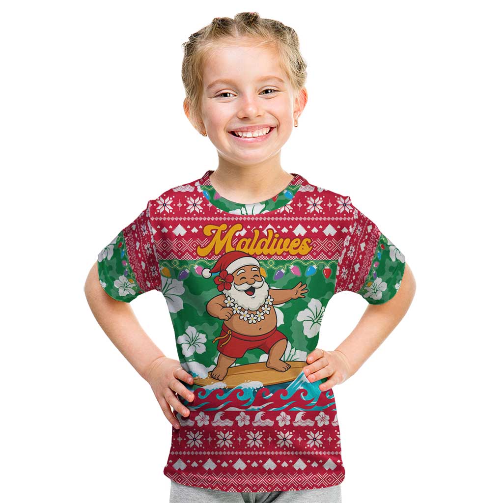 Maldives Christmas Kid T Shirt with Surfing Santa Claus Tropical Flowers and Holiday Wave - Wonder Print Shop