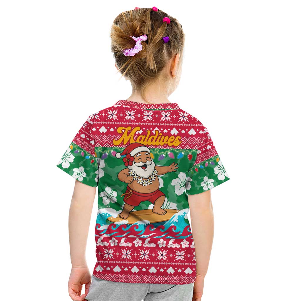 Maldives Christmas Kid T Shirt with Surfing Santa Claus Tropical Flowers and Holiday Wave - Wonder Print Shop