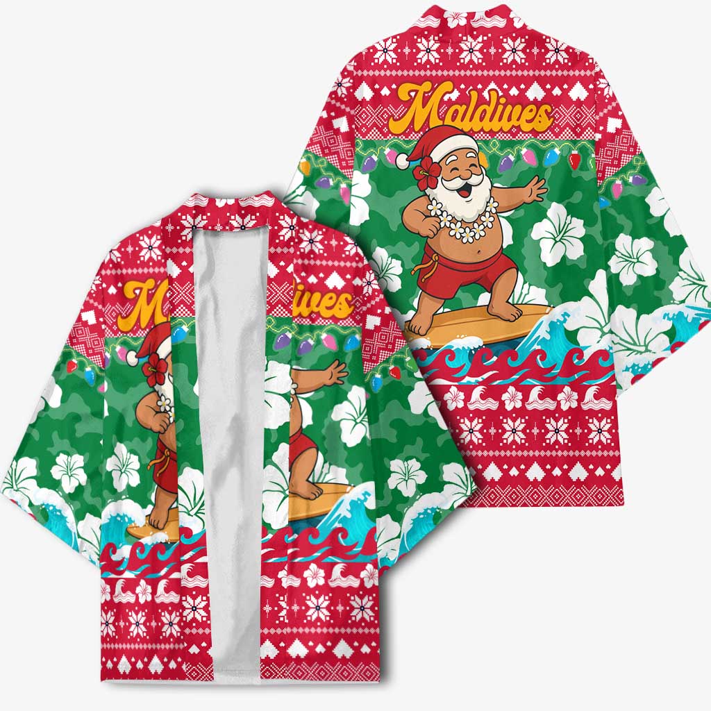 Maldives Christmas Kimono with Surfing Santa Claus Tropical Flowers and Holiday Wave - Wonder Print Shop