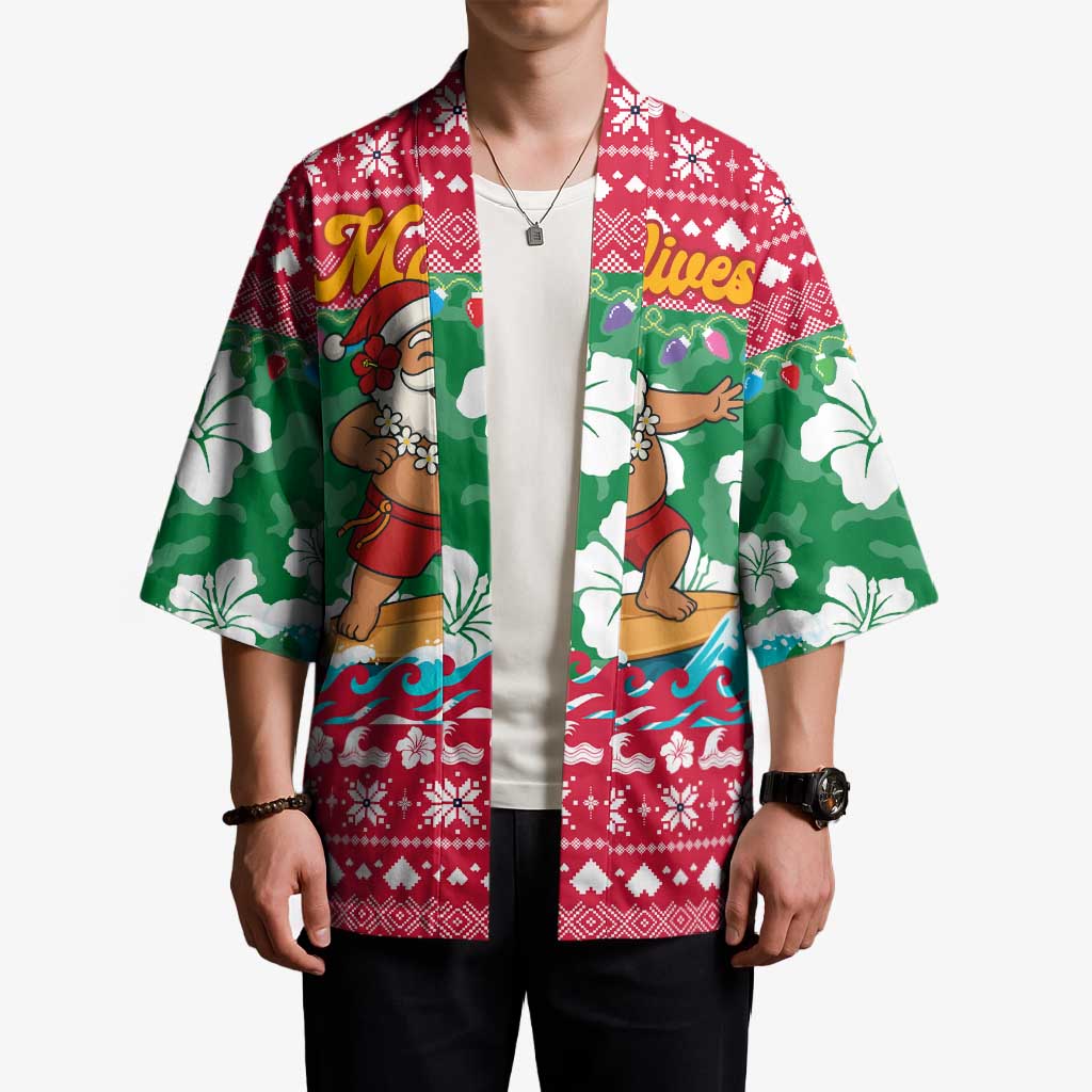 Maldives Christmas Kimono with Surfing Santa Claus Tropical Flowers and Holiday Wave - Wonder Print Shop
