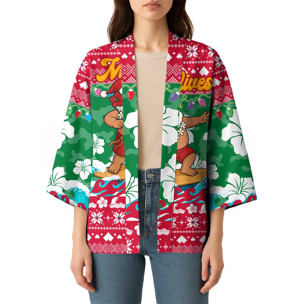 Maldives Christmas Kimono with Surfing Santa Claus Tropical Flowers and Holiday Wave - Wonder Print Shop