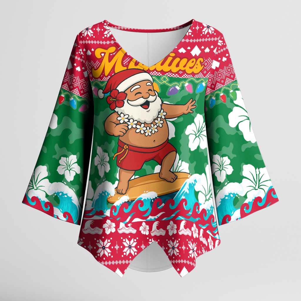 Maldives Christmas Kimono Sleeve Blouse with Surfing Santa Claus Tropical Flowers and Holiday Wave - Wonder Print Shop