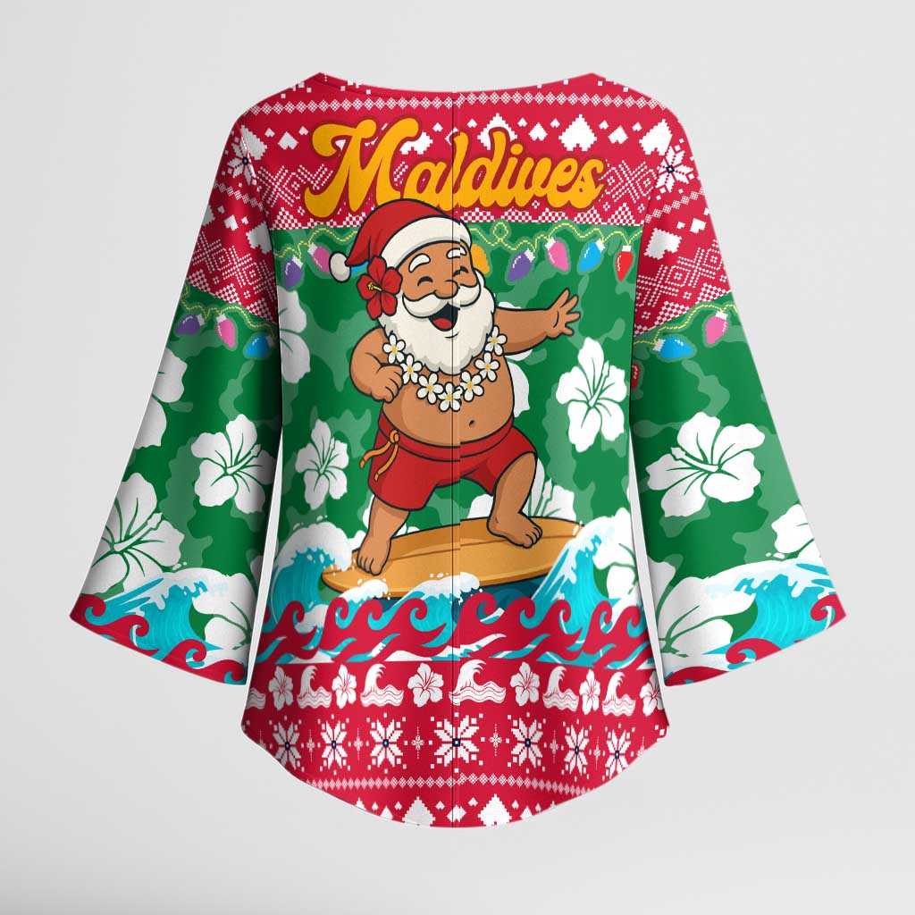 Maldives Christmas Kimono Sleeve Blouse with Surfing Santa Claus Tropical Flowers and Holiday Wave - Wonder Print Shop