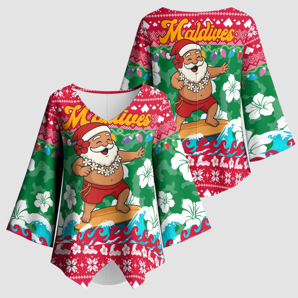 Maldives Christmas Kimono Sleeve Blouse with Surfing Santa Claus Tropical Flowers and Holiday Wave - Wonder Print Shop