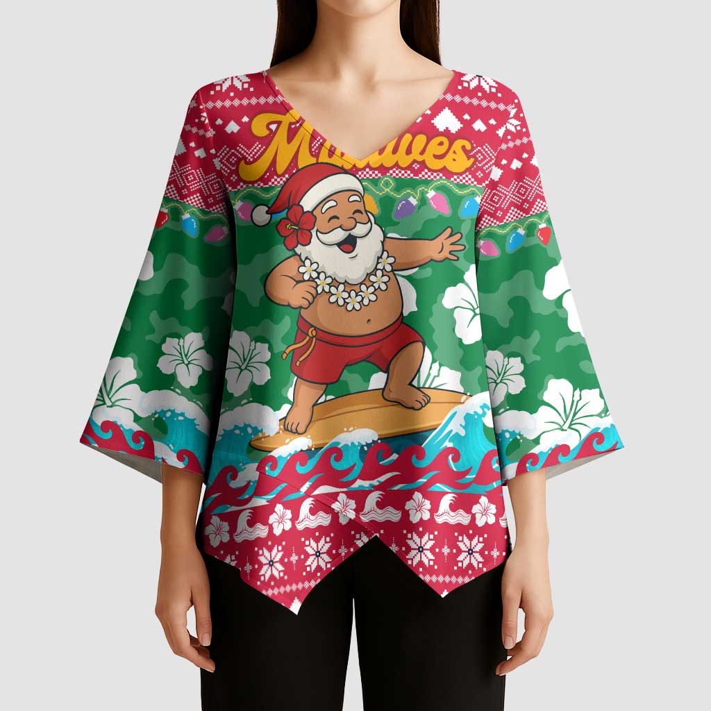 Maldives Christmas Kimono Sleeve Blouse with Surfing Santa Claus Tropical Flowers and Holiday Wave - Wonder Print Shop