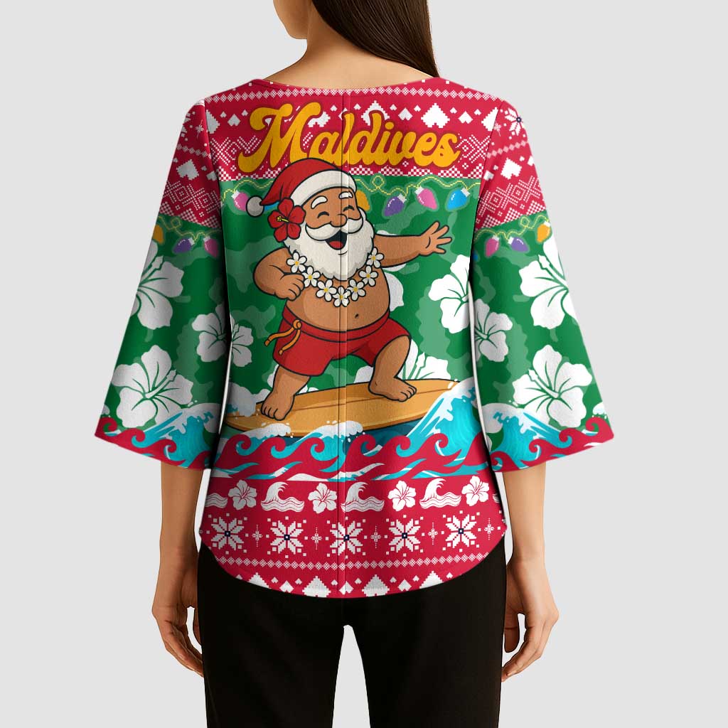 Maldives Christmas Kimono Sleeve Blouse with Surfing Santa Claus Tropical Flowers and Holiday Wave - Wonder Print Shop