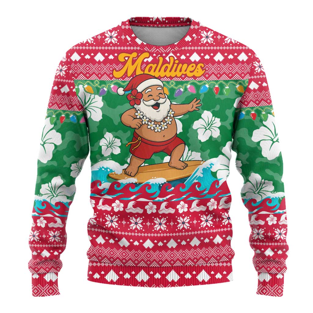 Maldives Christmas Ugly Christmas Sweater with Surfing Santa Claus Tropical Flowers and Holiday Wave - Wonder Print Shop
