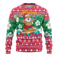 Maldives Christmas Ugly Christmas Sweater with Surfing Santa Claus Tropical Flowers and Holiday Wave - Wonder Print Shop