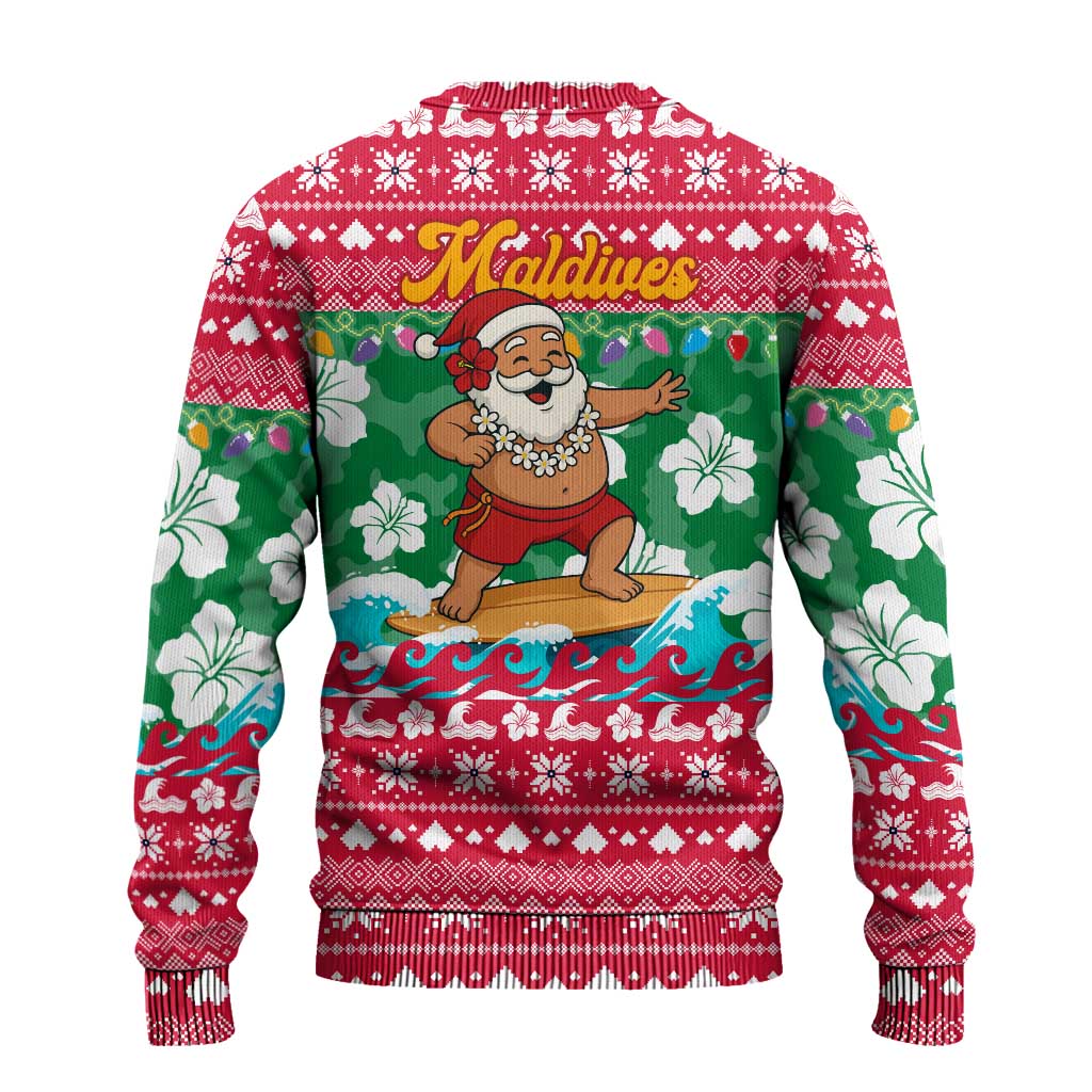 Maldives Christmas Ugly Christmas Sweater with Surfing Santa Claus Tropical Flowers and Holiday Wave - Wonder Print Shop