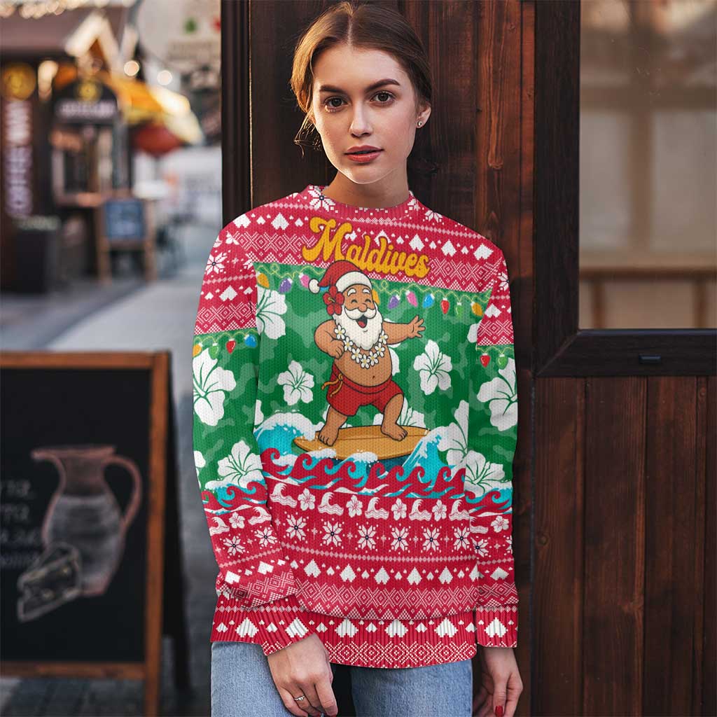 Maldives Christmas Ugly Christmas Sweater with Surfing Santa Claus Tropical Flowers and Holiday Wave - Wonder Print Shop