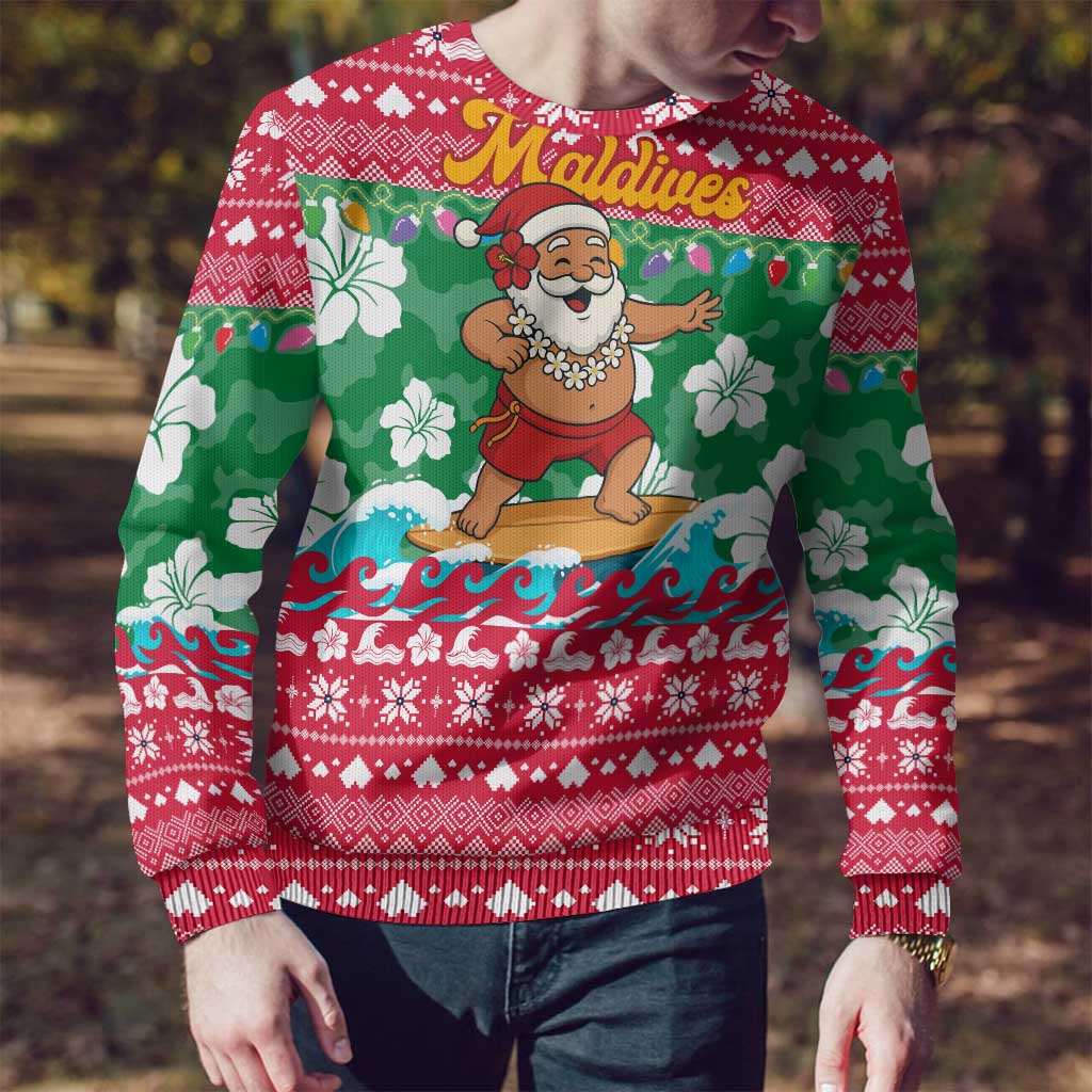 Maldives Christmas Ugly Christmas Sweater with Surfing Santa Claus Tropical Flowers and Holiday Wave - Wonder Print Shop