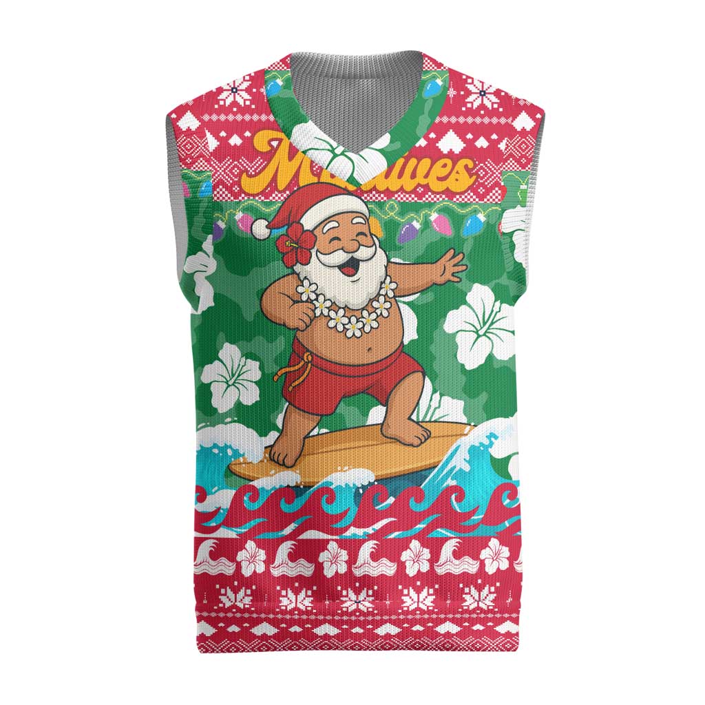 Maldives Christmas Knitted V-Neck Vest with Surfing Santa Claus Tropical Flowers and Holiday Wave - Wonder Print Shop