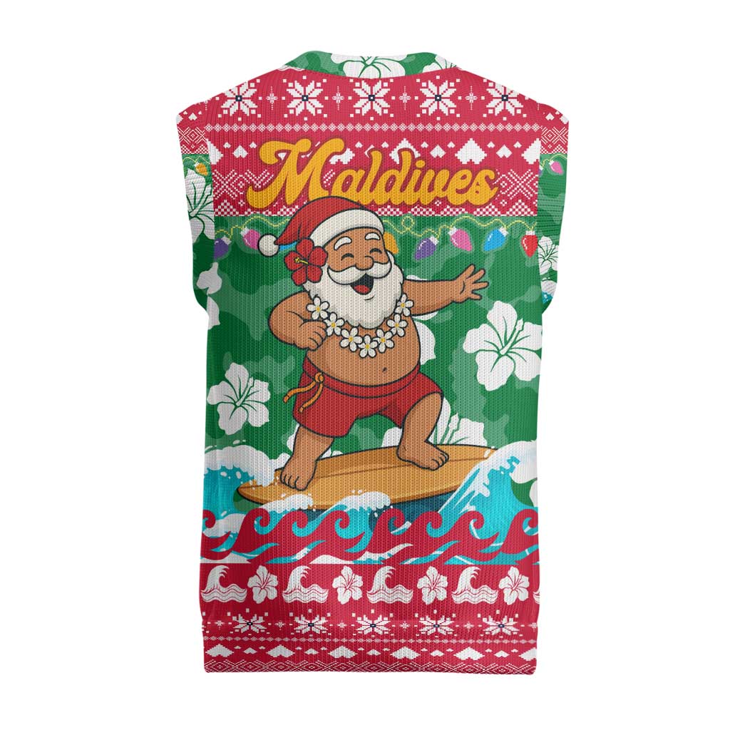 Maldives Christmas Knitted V-Neck Vest with Surfing Santa Claus Tropical Flowers and Holiday Wave - Wonder Print Shop