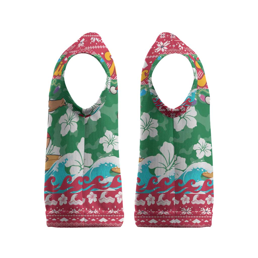 Maldives Christmas Knitted V-Neck Vest with Surfing Santa Claus Tropical Flowers and Holiday Wave - Wonder Print Shop