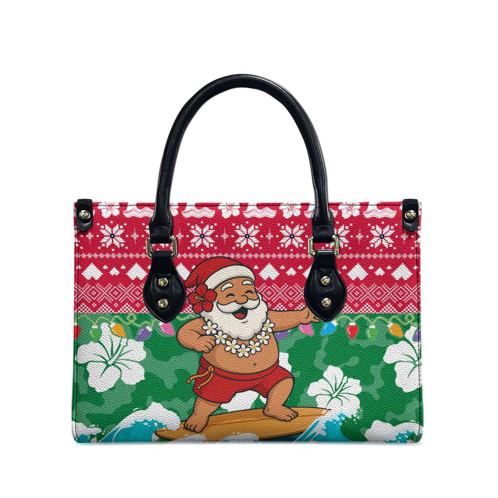 Maldives Christmas Leather Bag with Surfing Santa Claus Tropical Flowers and Holiday Wave - Wonder Print Shop