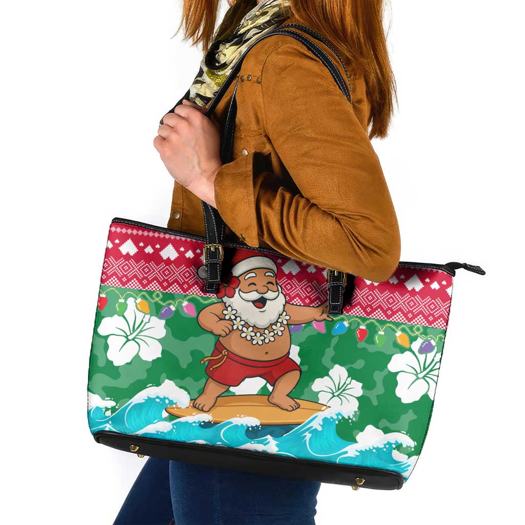 Maldives Christmas Leather Tote Bag with Surfing Santa Claus Tropical Flowers and Holiday Wave - Wonder Print Shop
