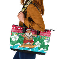 Maldives Christmas Leather Tote Bag with Surfing Santa Claus Tropical Flowers and Holiday Wave - Wonder Print Shop