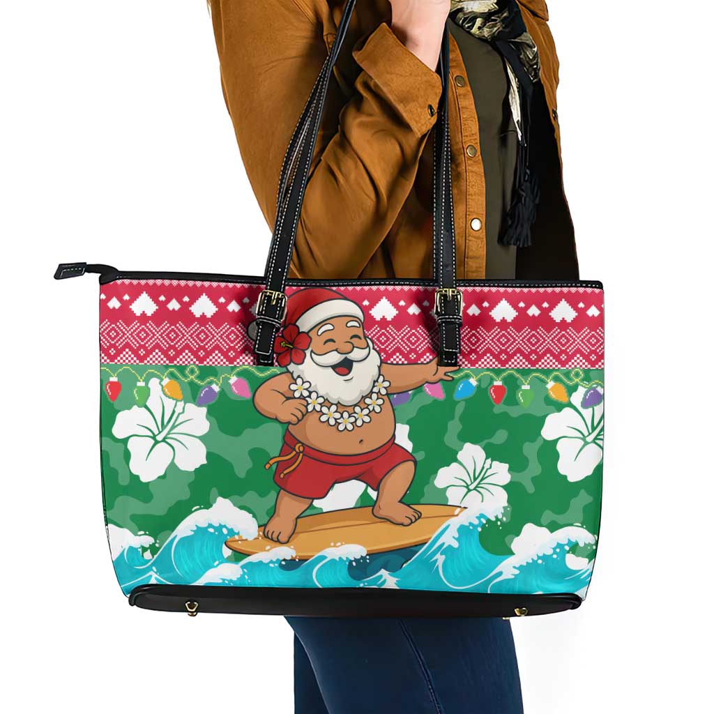 Maldives Christmas Leather Tote Bag with Surfing Santa Claus Tropical Flowers and Holiday Wave - Wonder Print Shop