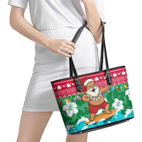 Maldives Christmas Leather Tote Bag with Surfing Santa Claus Tropical Flowers and Holiday Wave - Wonder Print Shop