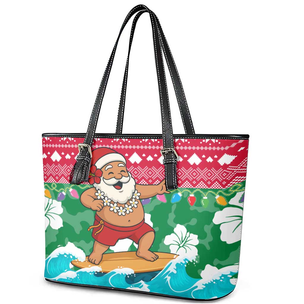 Maldives Christmas Leather Tote Bag with Surfing Santa Claus Tropical Flowers and Holiday Wave - Wonder Print Shop