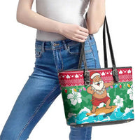Maldives Christmas Leather Tote Bag with Surfing Santa Claus Tropical Flowers and Holiday Wave - Wonder Print Shop