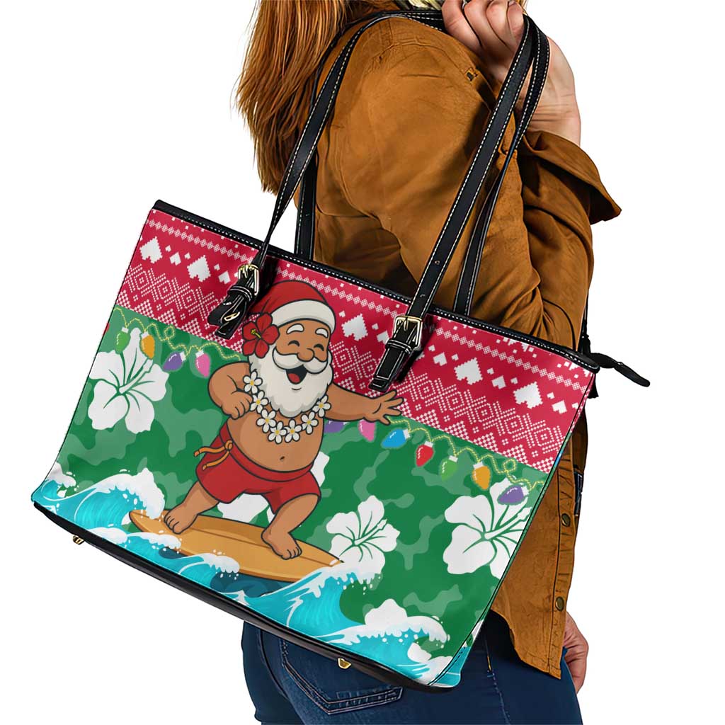 Maldives Christmas Leather Tote Bag with Surfing Santa Claus Tropical Flowers and Holiday Wave - Wonder Print Shop