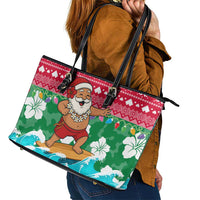 Maldives Christmas Leather Tote Bag with Surfing Santa Claus Tropical Flowers and Holiday Wave - Wonder Print Shop