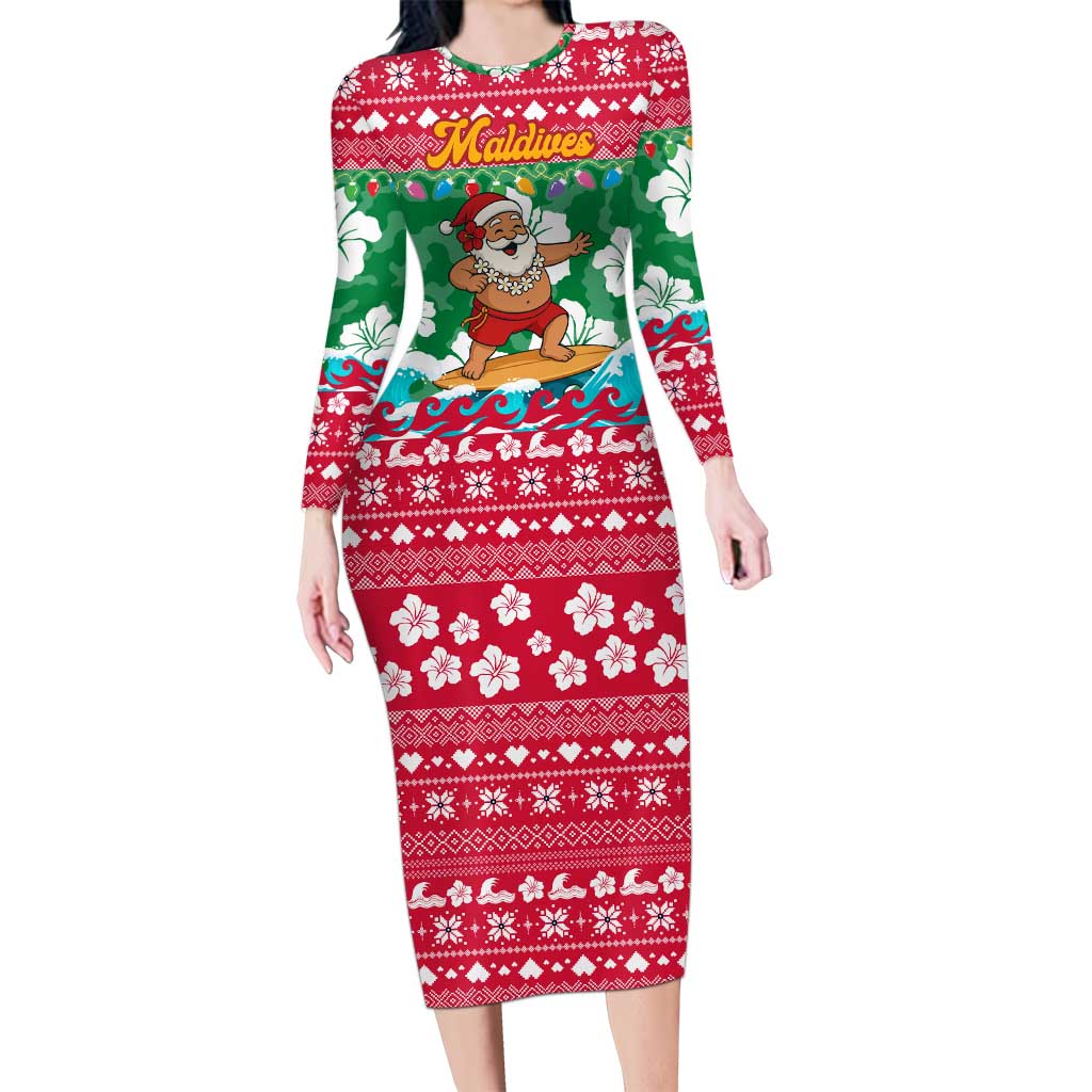 Maldives Christmas Long Sleeve Bodycon Dress with Surfing Santa Claus Tropical Flowers and Holiday Wave - Wonder Print Shop