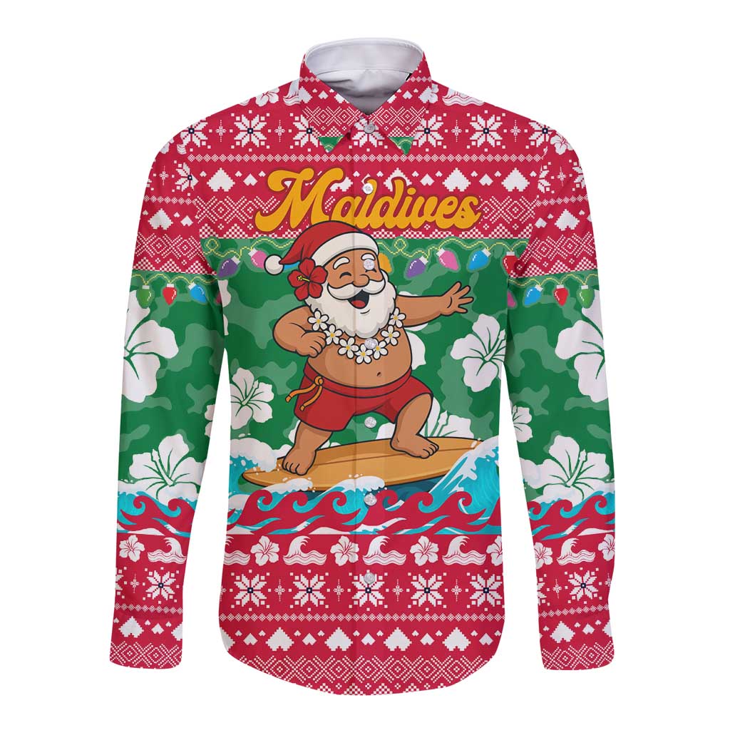 Maldives Christmas Long Sleeve Button Shirt with Surfing Santa Claus Tropical Flowers and Holiday Wave - Wonder Print Shop