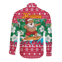 Maldives Christmas Long Sleeve Button Shirt with Surfing Santa Claus Tropical Flowers and Holiday Wave - Wonder Print Shop
