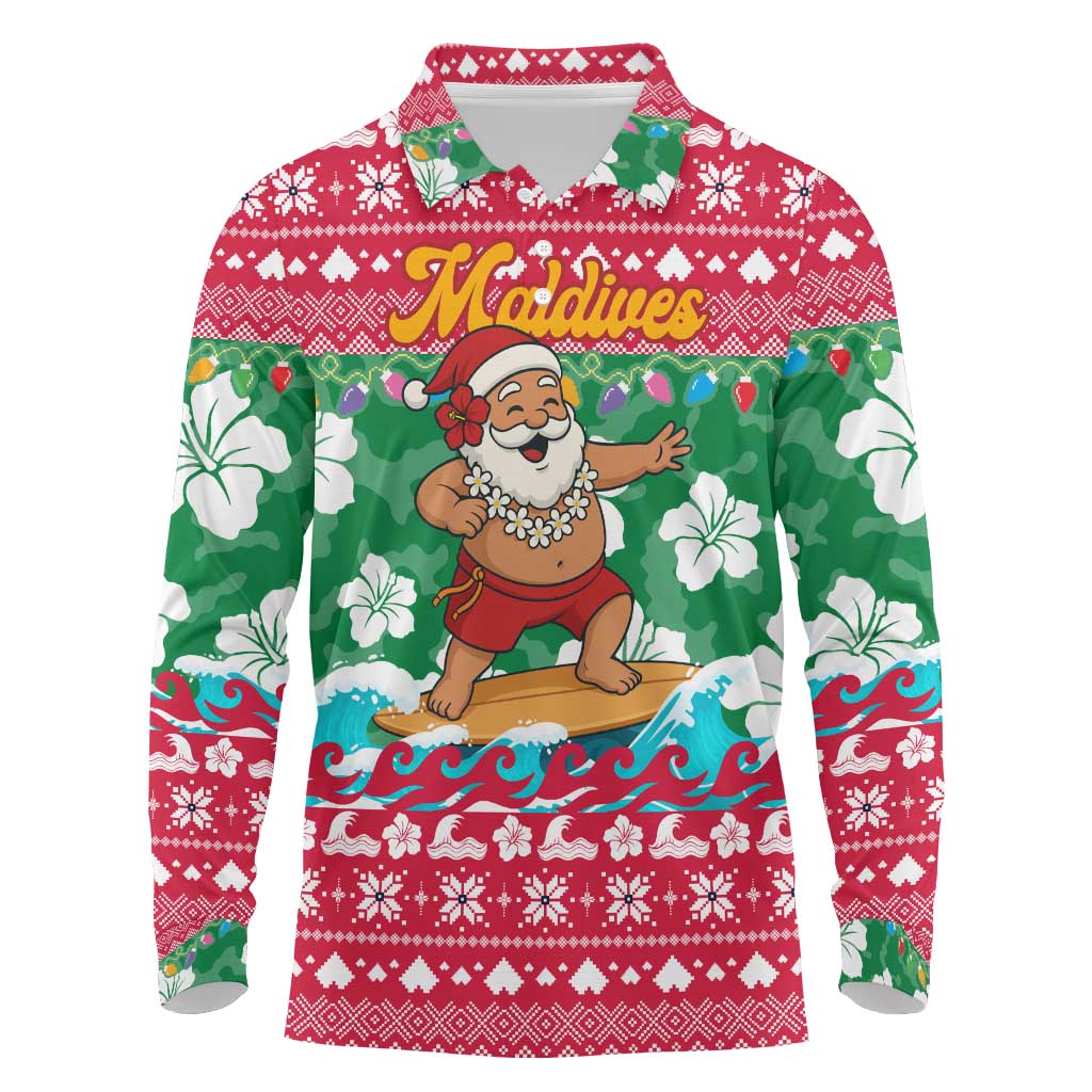 Maldives Christmas Long Sleeve Polo Shirt with Surfing Santa Claus Tropical Flowers and Holiday Wave - Wonder Print Shop