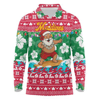 Maldives Christmas Long Sleeve Polo Shirt with Surfing Santa Claus Tropical Flowers and Holiday Wave - Wonder Print Shop