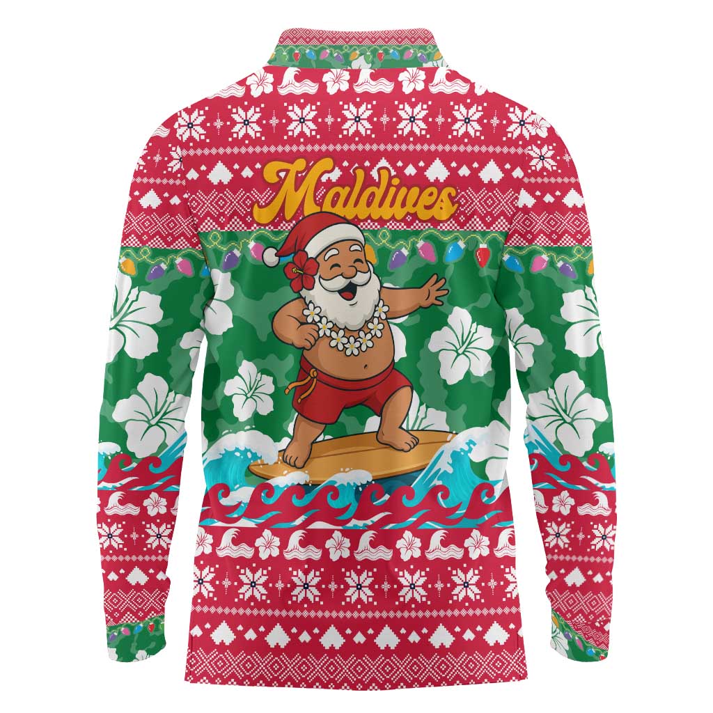 Maldives Christmas Long Sleeve Polo Shirt with Surfing Santa Claus Tropical Flowers and Holiday Wave - Wonder Print Shop