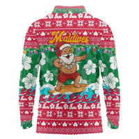 Maldives Christmas Long Sleeve Polo Shirt with Surfing Santa Claus Tropical Flowers and Holiday Wave - Wonder Print Shop