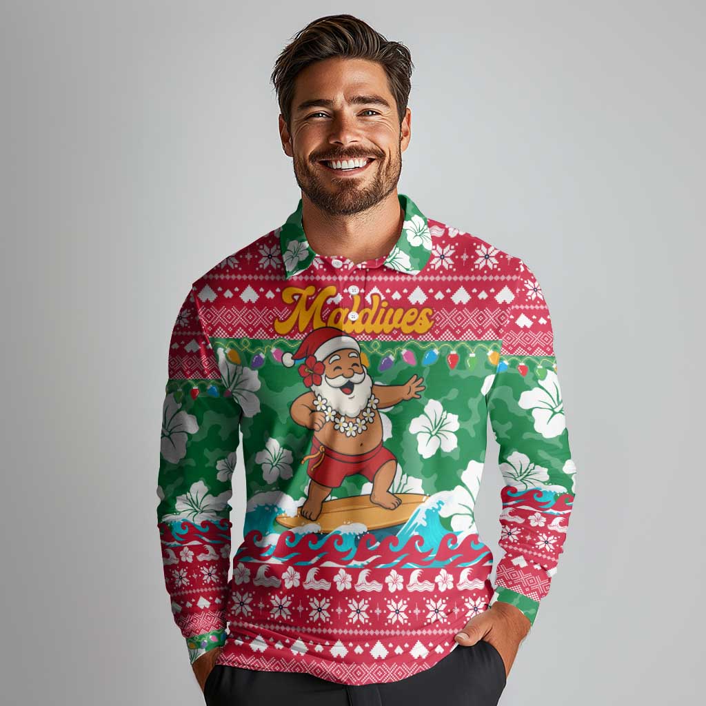 Maldives Christmas Long Sleeve Polo Shirt with Surfing Santa Claus Tropical Flowers and Holiday Wave - Wonder Print Shop
